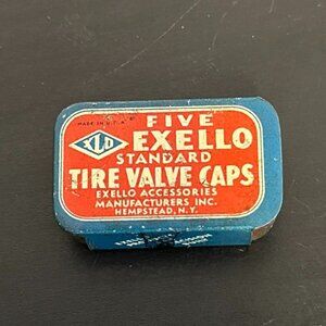 Vtg Exello Xlo Valve Cap Tin W Sliding Lid USA Blue Advertising Retro Metal